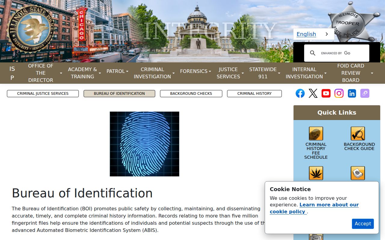 Franklin County criminal history routes at the Illinois State Police Bureau of Identification