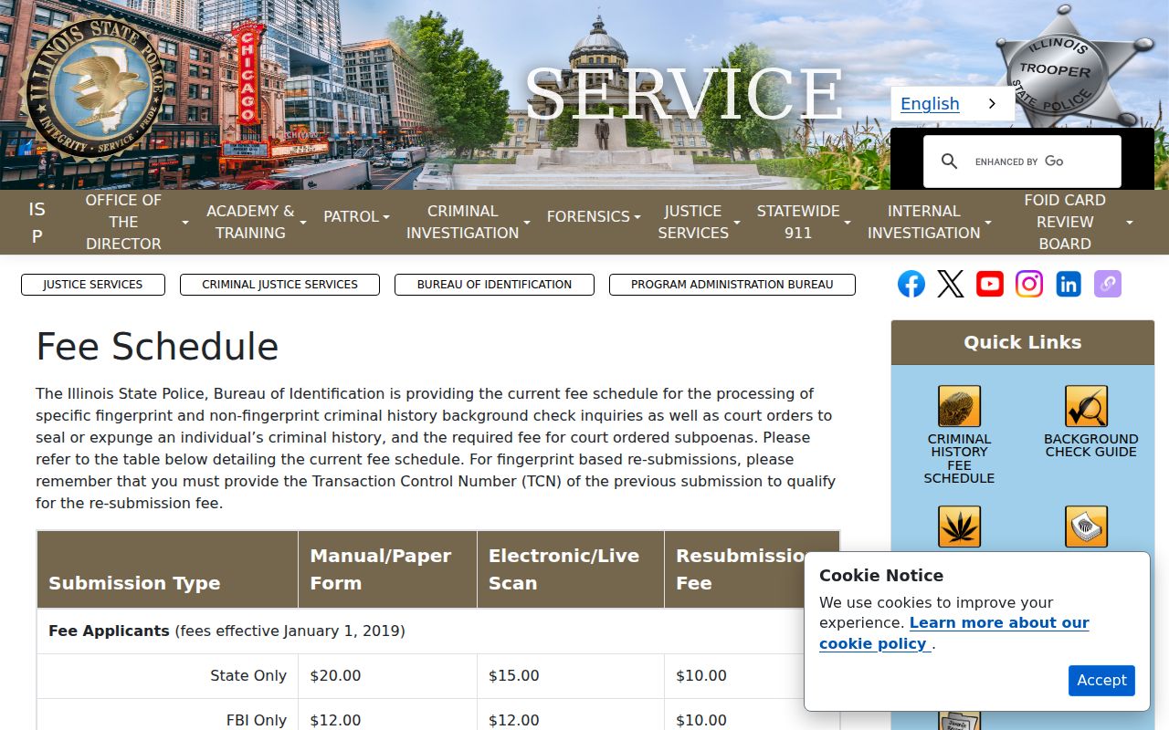 Franklin County criminal history UCIA and fingerprint fee schedule